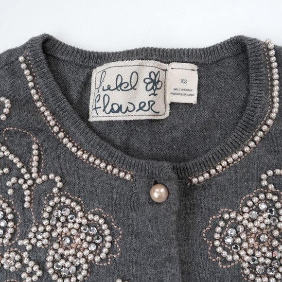 ANTHROPOLOGIE Field and Flower Beaded Cardigan Sweater XS Gray Embellished Pearl - Picture 3 of 5